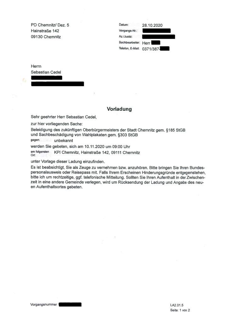 1. Seite der Vorladung als Zeuge, geschwärzter Scan